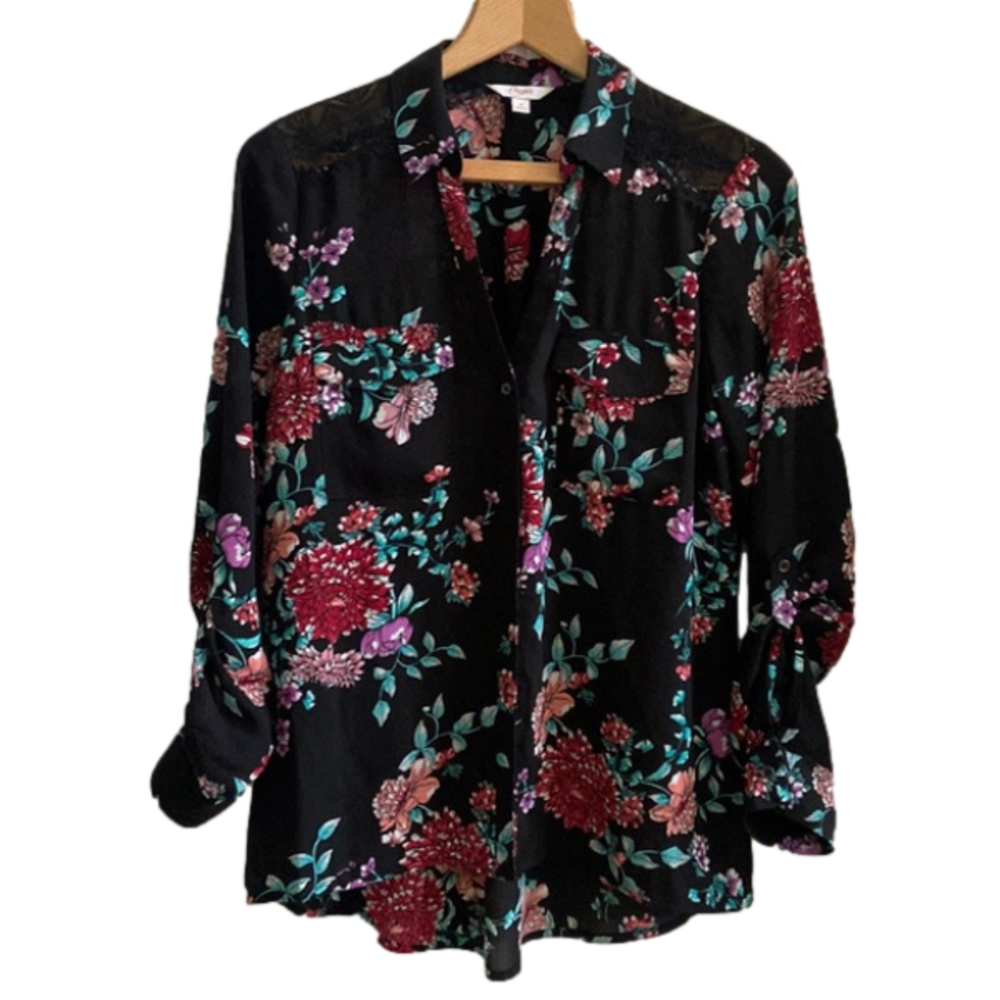 Candie's Black Floral Lace Long Sleeve Blouse M NWT